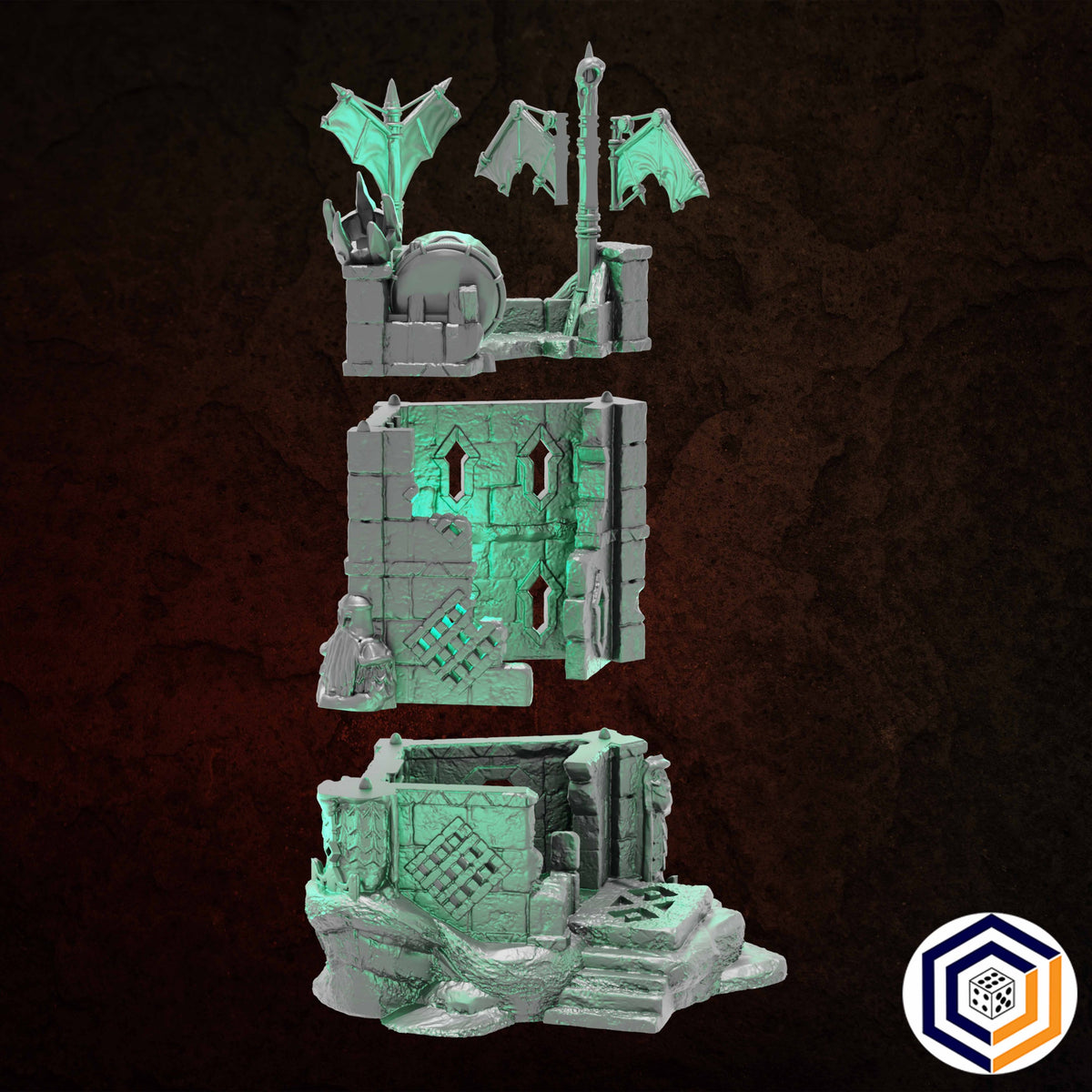 Ruins of Raven Peak - Full Set grey render of the Command Tower exploded into its three stacked floor levels