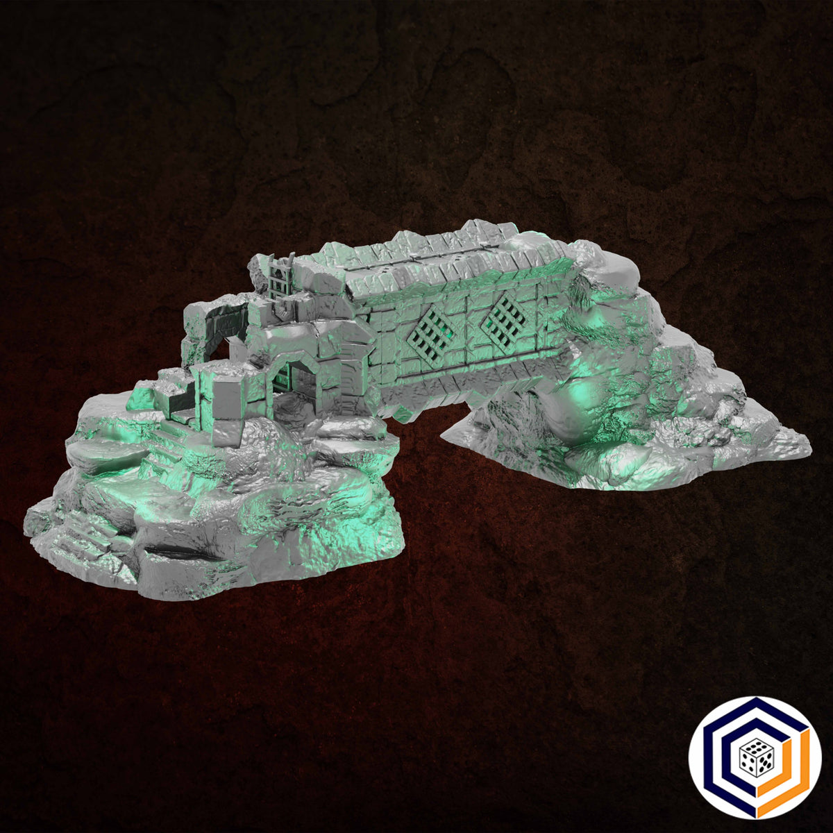 Ruins of Raven Peak - Full Set grey render of the Fallen Tower spanning the rocky outcrop