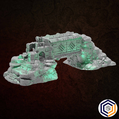 Ruins of Raven Peak - Full Set grey render of the Fallen Tower spanning the rocky outcrop