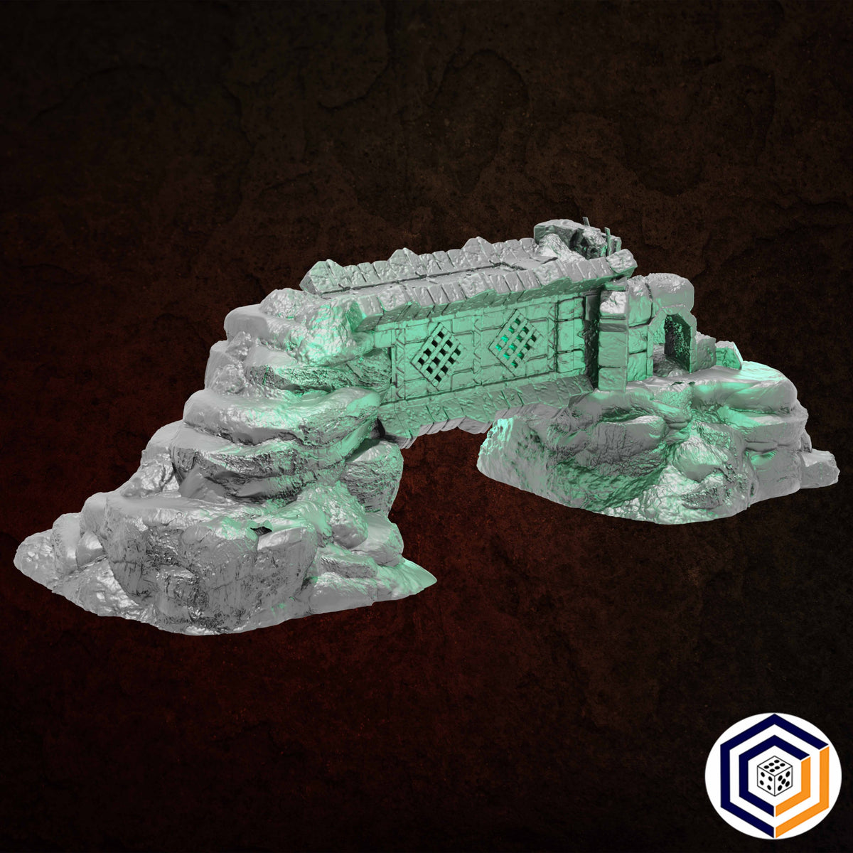 Ruins of Raven Peak - Full Set grey render of the Fallen Tower forming a bridge over the rocks