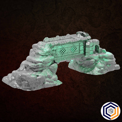 Ruins of Raven Peak - Full Set grey render of the Fallen Tower forming a bridge over the rocks