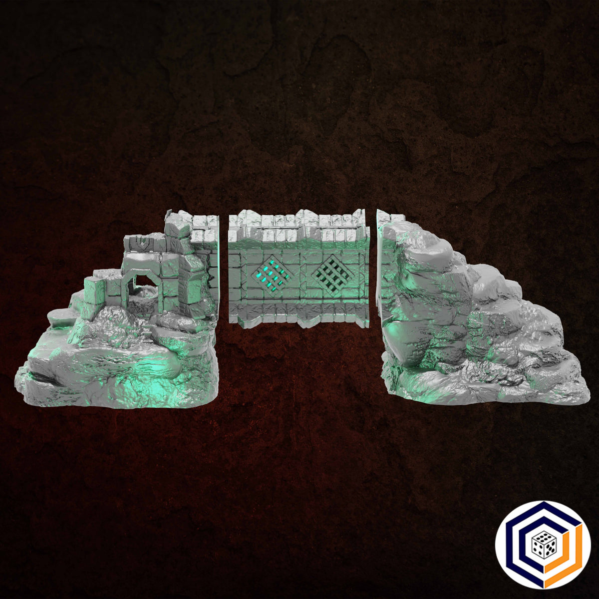 Ruins of Raven Peak - Full Set grey render of the Fallen Tower split into three separate pieces