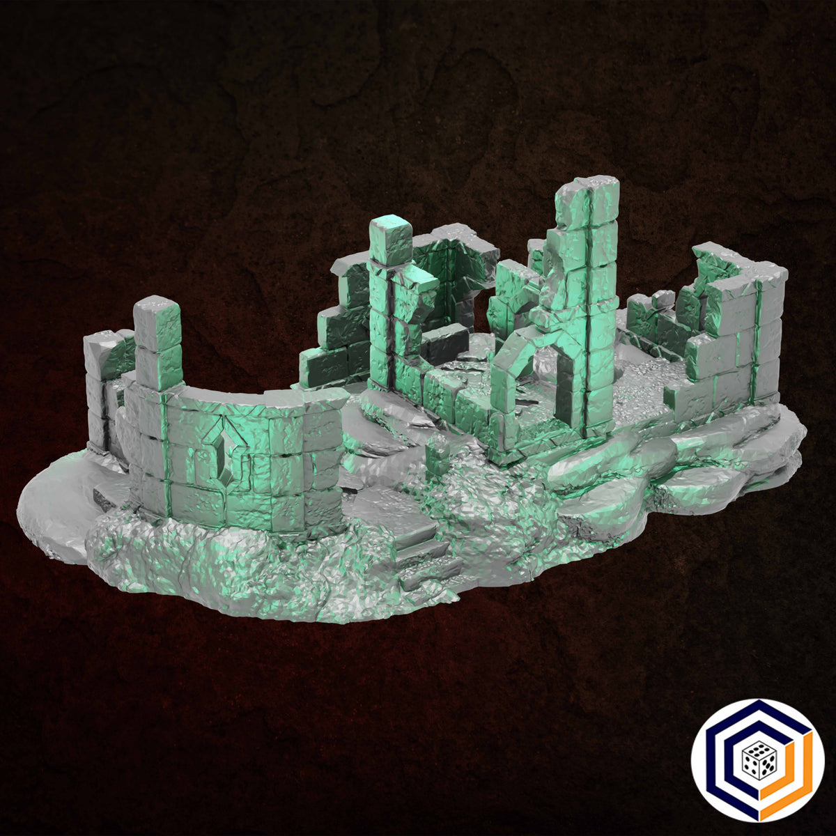 Ruins of Raven Peak - Full Set grey render of the Large Ruin from the opposite angle with a curved arrow-slit wall