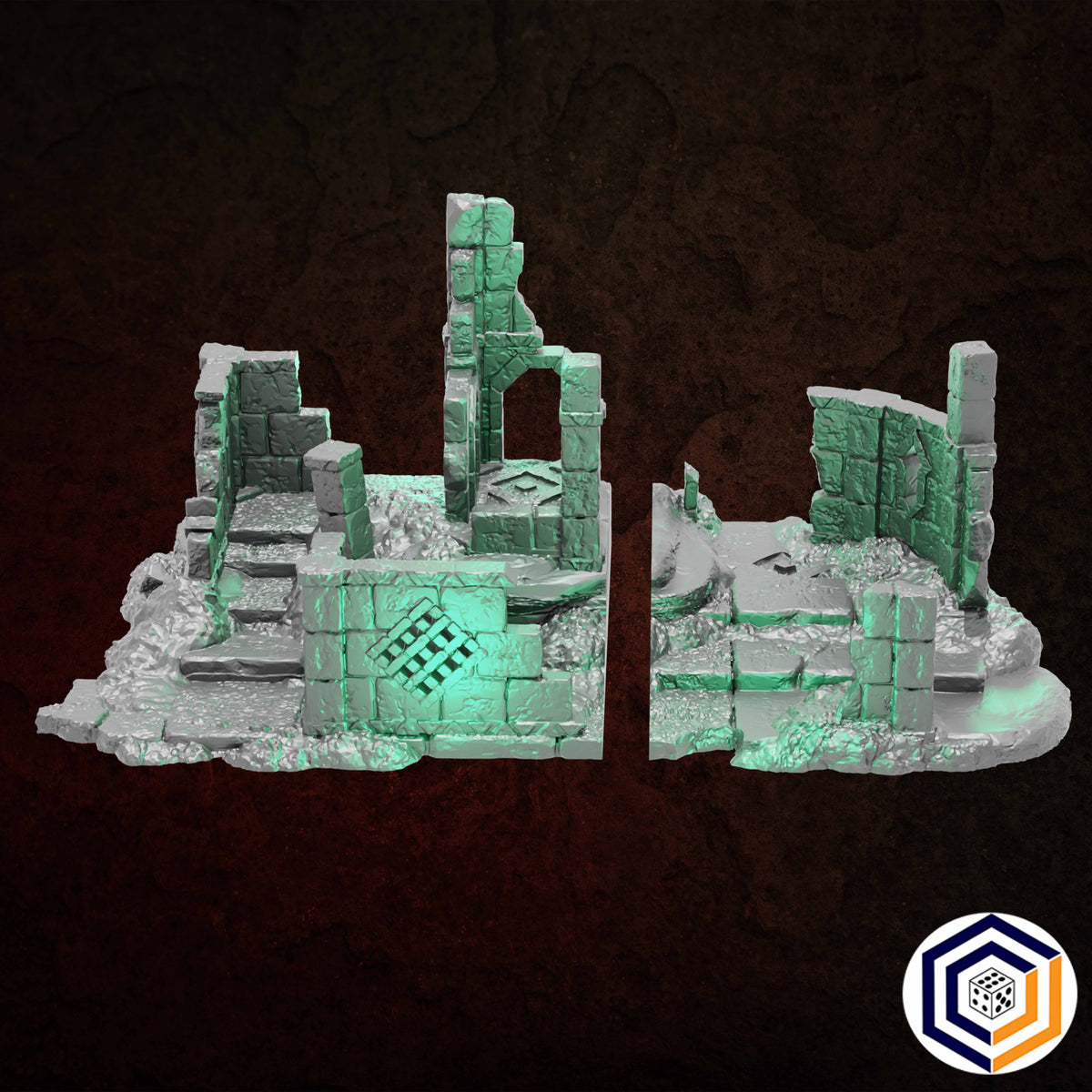 Ruins of Raven Peak - Full Set grey render of the Large Ruin split into two halves
